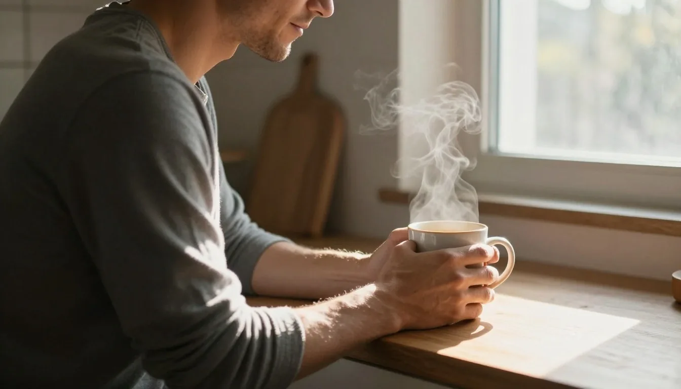 Man at morning routine by a sunlit window