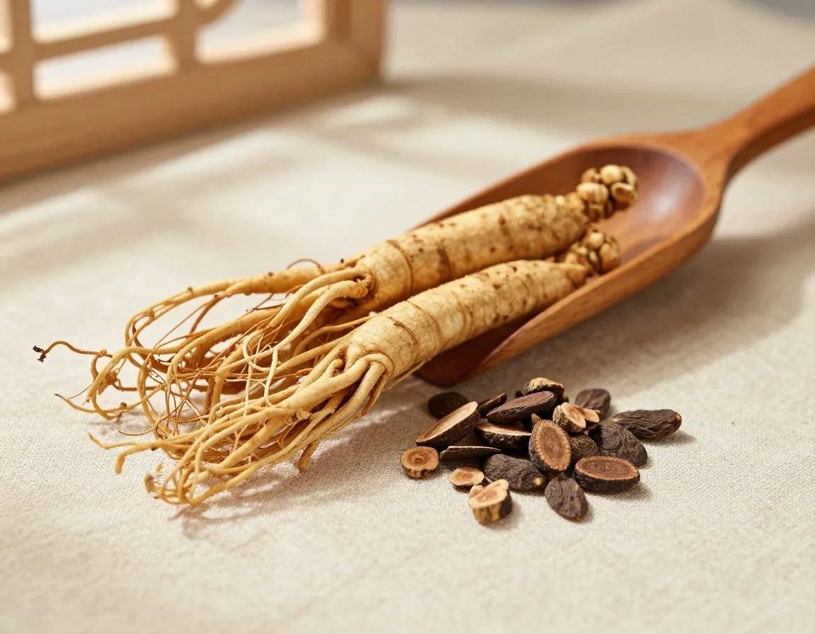 Ginseng and maca root on linen