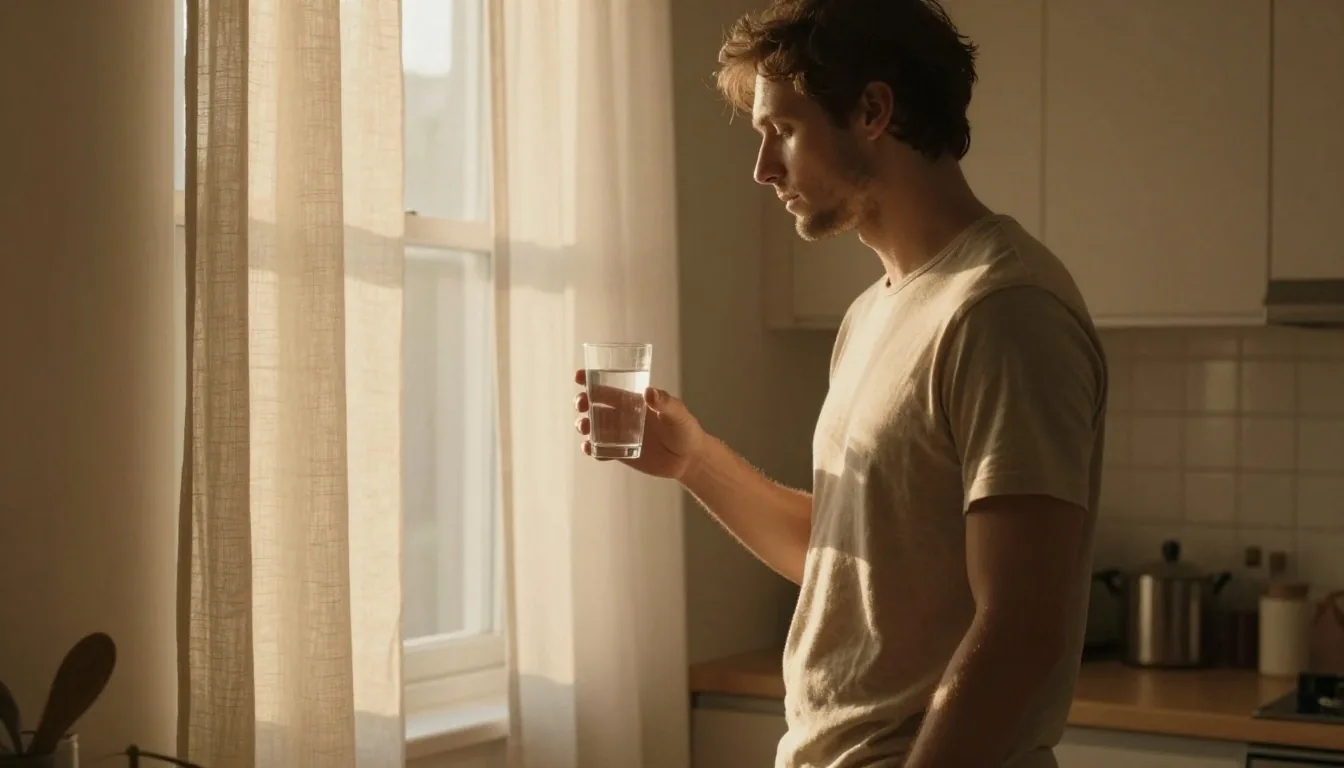 Man at morning routine by a sunlit window