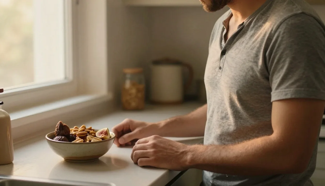 A man at his morning routine by a sunlit window