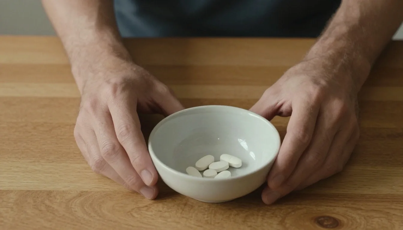 Magnesium tablets in a ceramic bowl on wood